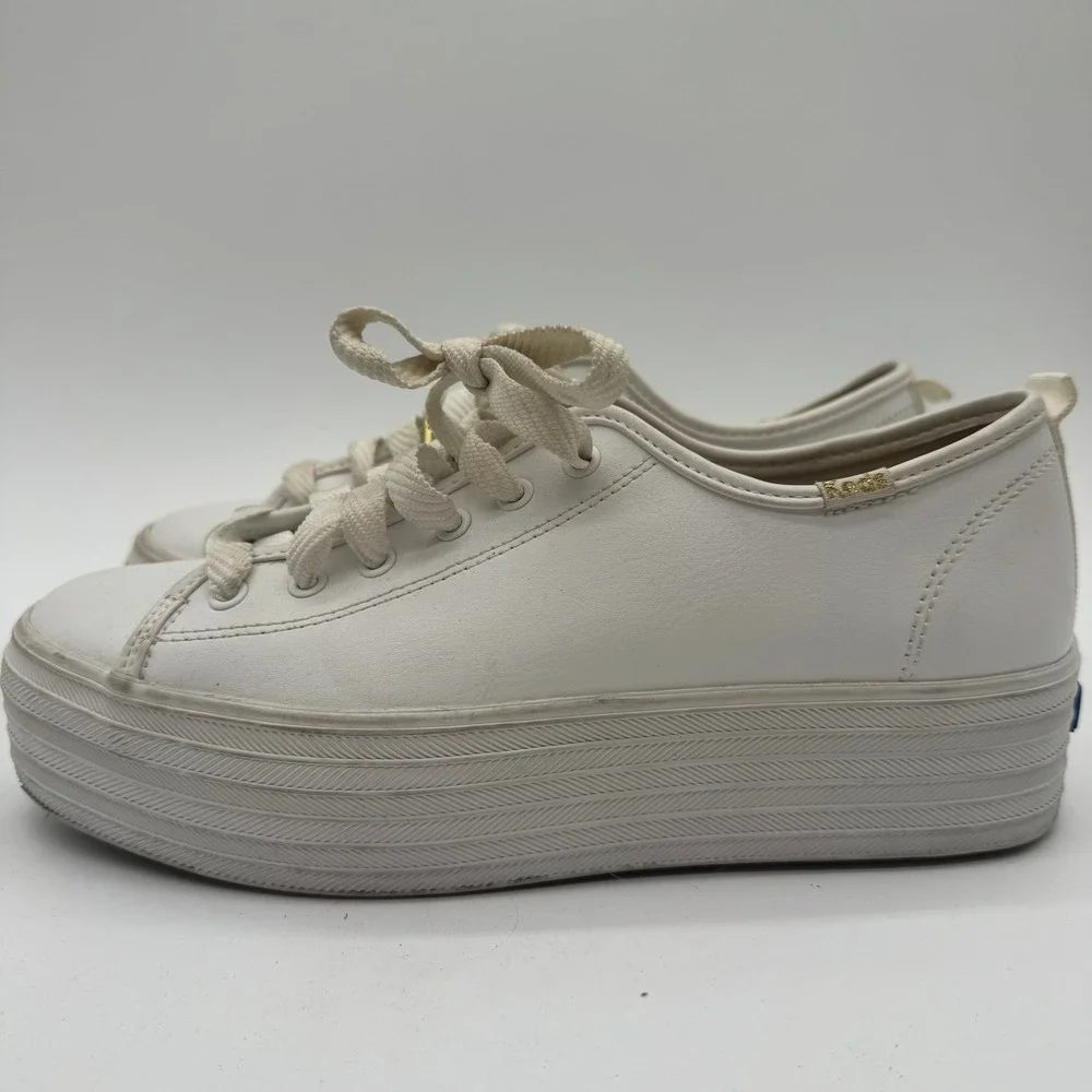 Keds Triple Up White Leather Platform Sneakers Womens 8 WH61626 Gold Hardware